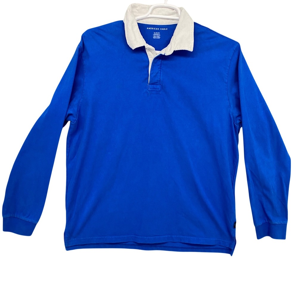 American Eagle Mens Long‎ Sleeve Rugby Shirt Blue White Corduroy Collar XL